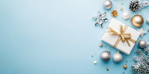 beautifully wrapped gift box with golden ribbon surrounded by festive ornaments, including silver and gold baubles, stars, and pine branches, creating cheerful holiday atmosphere