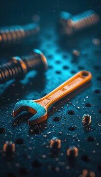 A close-up image of a wrench surrounded by screws on a metallic surface, highlighting tools used in industry and mechanics.