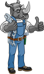 A rhino cartoon animal mascot plumber, mechanic or handyman builder construction maintenance contractor holding a spanner or wrench and giving a thumbs up