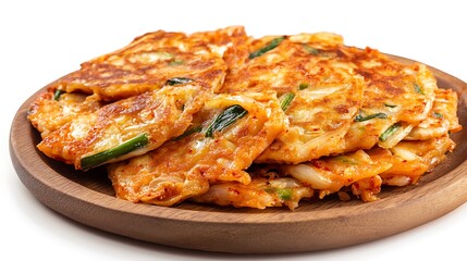  Korean pan-fried kimchi pancakes on a wooden plate isolate on white surface.