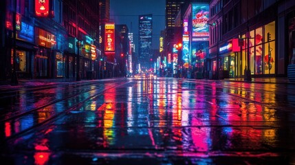 A deserted city street at night, illuminated by colorful neon signs reflecting in the wet pavement after a rain shower.