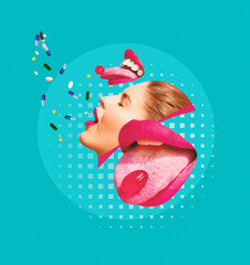 Woman with open mouth and various pills floating around, symbolizing medication, supplements, and health support. Contemporary art collage. Concept of medicine, health care, treatment