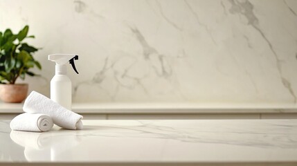 Sanitizing wipes and spray bottles on a clean countertop