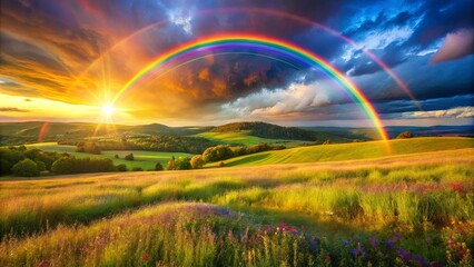 Naklejka premium A Double Rainbow Arcs Over Lush Rolling Hills With A Glowing Sunburst In The Distance