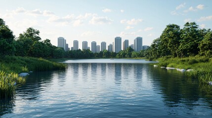 Obraz premium A serene lake reflects modern buildings, surrounded by lush greenery, showcasing a blend of nature and urban life.