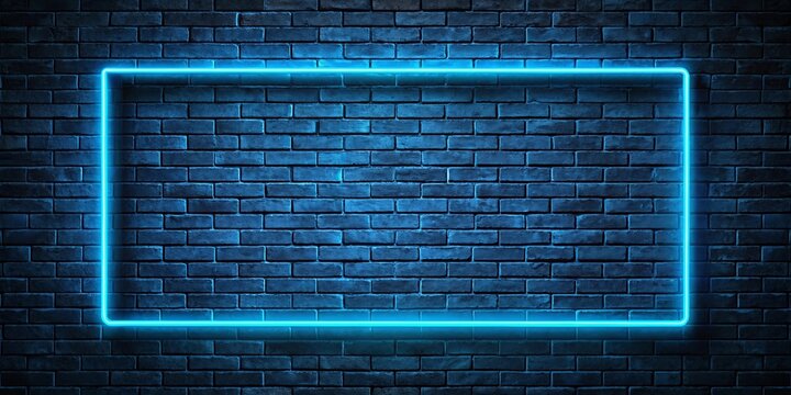 A luminous blue neon rectangle frame illuminates a dark brick wall, creating a vibrant contrast and a sense of modern urban ambiance.