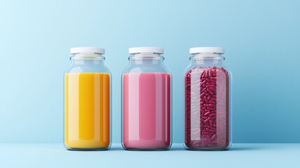 Three glass jars contain colorful liquids and beans against a soft blue background, creating a fresh and vibrant aesthetic.