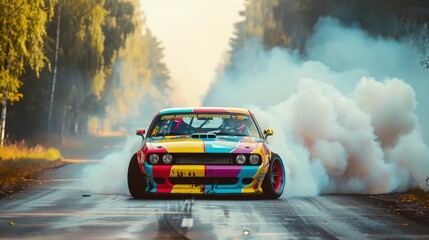 Photograph the car in a dark, misty environment with smoke swirling around, adding a sense of mystery and drama.