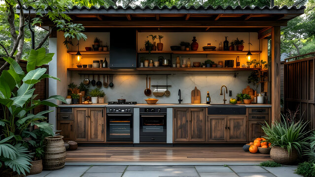 Vintage kitchen made of wood in a mixed style, located outside the house.