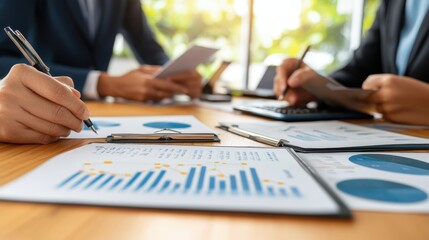 Business team brainstorming ideas and analyzing charts at modern office desk with financial reports, laptops, and stationery in a collaborative workspace environment