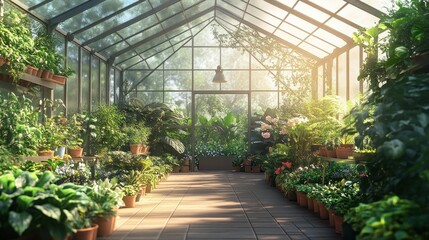 A greenhouse filled with various plants and flowers, with sunlight shining through the glass roof.