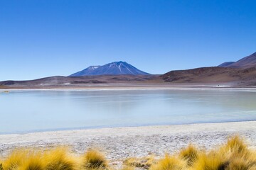 Serene high-altitude lake with mountain backdrop
