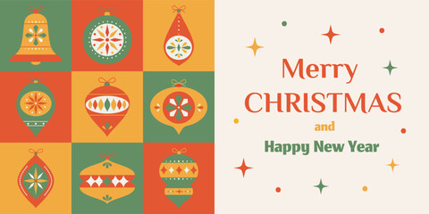 Christmas and New Year background in a modern minimal flat style. Christmas colorful geometric ornament. Holiday Xmas banner, greeting card.