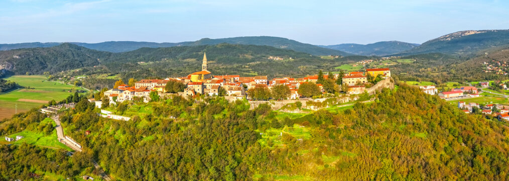 Aerial panoramic view of beautiful ancient town Buzet. Rural landscape on Istria Peninsula. Travel in Croatia