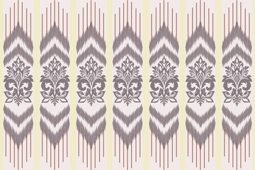 Seamless geometric embroidery pattern with damask flowers. Cream background, illustration, vector, wallpaper.