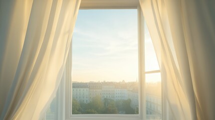 A window with a white curtain and a view of a city © Marsor