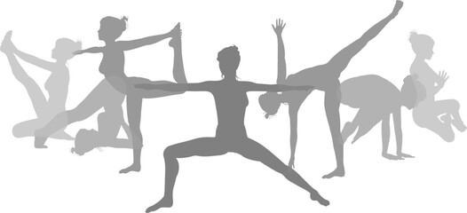 Silhouette yoga pilates women poses set. Active sports people healthy players fitness silhouettes concept.