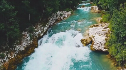 Aerial view of a turquoise river flowing through a lush green forest, with white rapids and rocks.