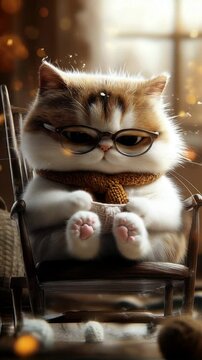 Chatte tricotant des mitaines, lunettes de vue, assise dans un rocking-chair, ambiance cosy avec laine et crochet