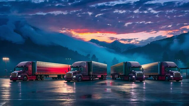Group of semi trucks in row on the truck stop parking	
