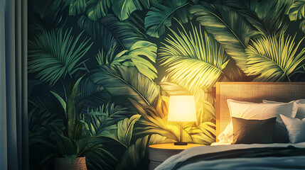 Fototapeta premium Tropical bedspread vibrant green leafy design picture