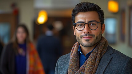 Obraz premium A young man with a beard and glasses smiles warmly at the camera, standing in an indoor space. He's dressed casually in a gray jacket and a patterned scarf.