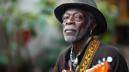 Close-up portrait of an older African American man wearing a hat, with a contemplative expression and a guitar strap visible.