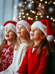 Joyful Children Singing Christmas Carols in School Classroom Decorated with Twinkling Holiday Lights and Festive Ornaments