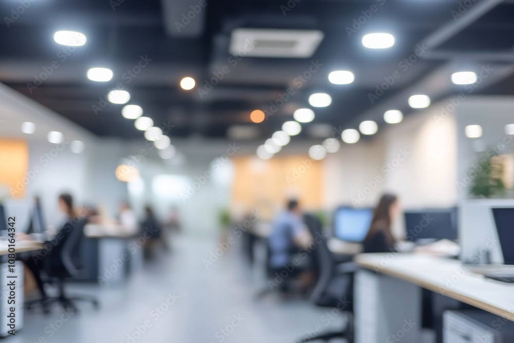 Poster a modern office workspace bustling with professionals fully engaged in their work tasks, exemplifyin