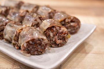 Delicious Korean cuisine Sundae plate, famous street food.