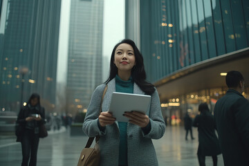 Fototapeta premium Thoughtful Asian Woman Using Tablet in Urban Setting, Embracing Technology and Modernity for Professional Growth