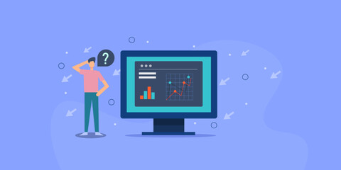 Businessman confused, decision pending, web analytics shows under performance data report concept.