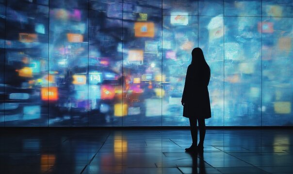 Backview of a young looking at animated stream of online interfaces with social media, fintechservices, e-commerce shopping, internet influencers and video streaming. Visualization of data usage.