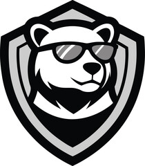bear head mascot with sunglass in shield