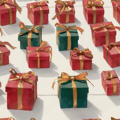 Festive Christmas background pattern featuring traditional red and green watercolor painted gift boxes tied with bright golden bows.