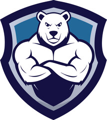 Bodybuilder bear head mascot with shield 
