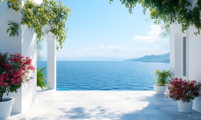 A beautiful terrace with white walls and a blue sea view Mediterranean landscape with a blue and green color scheme and a blue water surface