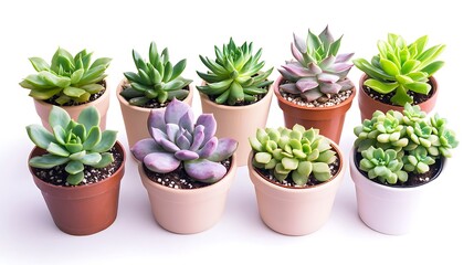 Several small plants in pots on white surface/