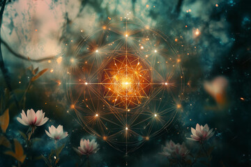 sacred geometry flower of life in the center, surrounded by nature elements like flowers and plants, against a dark background with a bokeh effect, volumetric lighting