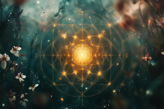 sacred geometry flower of life in the center, surrounded by nature elements like flowers and plants, against a dark background with a bokeh effect, volumetric lighting
