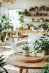 Lush indoor plants fill a bright living area, showcasing a harmonious blend of nature and design with wooden furniture and a cozy atmosphere
