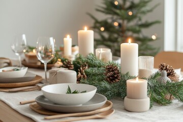 Nordic Scandinavian style dining table set for Christmas, with minimalist decor including neutral toned candles, simple greenery, and understated settings, wedding or event decor