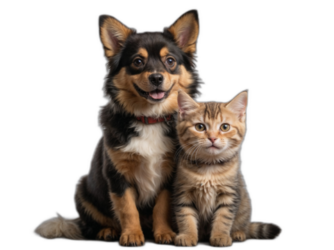幸せな犬と猫が見せる温かい表情が、癒しと優しさを感じさせるほっこり構図。PNG,生成AI