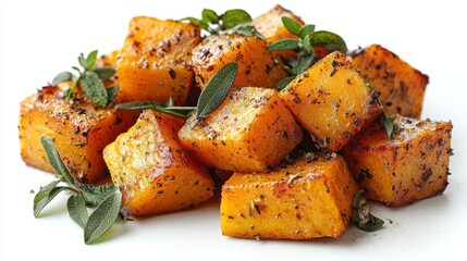 Delicious roasted butternut squash cubes seasoned with herbs, showcasing a golden, caramelized finish, perfect for a healthy side dish.