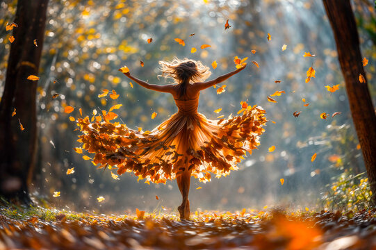 Poup&eacute;e miniature qui danse dans la for&ecirc;t en automne avec une robe faite de feuilles mortes qui volent autour d'elle
