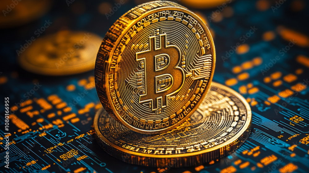 Poster digital cryptocurrency concept with gold bitcoin and binary code background