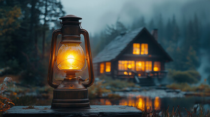 Cabin in the Mist with a Lantern: A rustic cabin nestled in a misty forest, illuminated by a flickering lantern. The scene evokes a sense of tranquility and isolation.