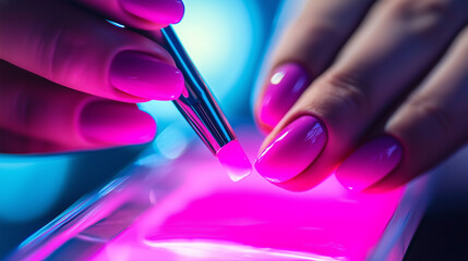 skilled nail technician applying a vibrant shade of gel polish 