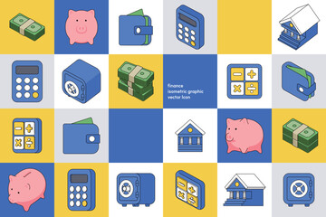 finance isometric vector line art icon set