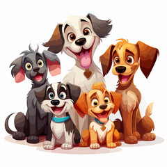 Obraz premium Playful Group of Cartoon Domestic Dogs Illustration